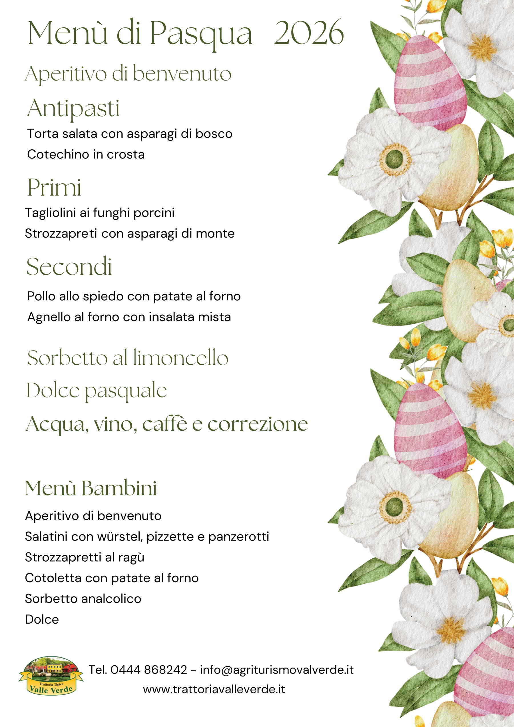 Menù di Pasqua 2026 alla Trattoria Tipica Valle Verde